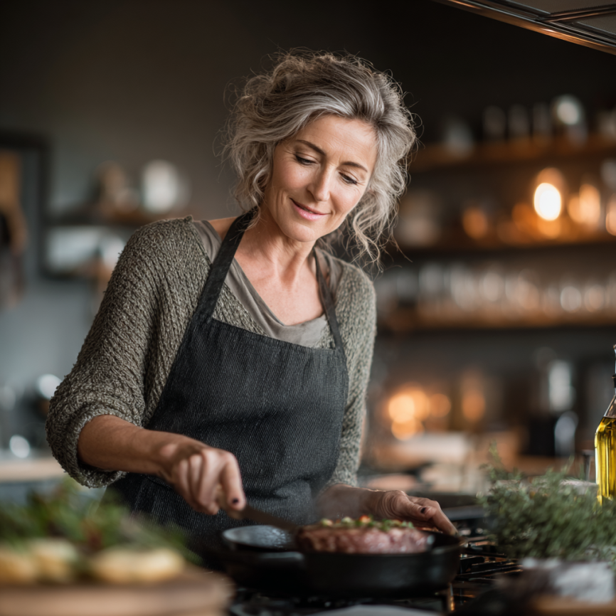 Senior fericit în bucătărie preparând o masă sănătoasă